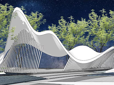 Modern Garden Landscape With Wavy White Structure Green Trees And Starry Sky 3d model