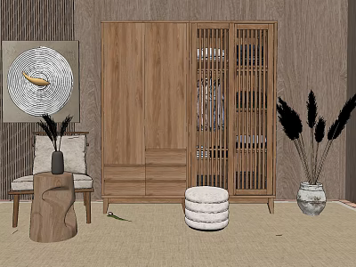 Modern Wooden Wardrobe With Lattice Door In Minimalist Interior With Decorative Vase And Rug 3d model