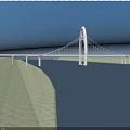 Modern White Arch Cable Stayed Bridge Spanning River With Mountain Scenery And Green Trees 3d model