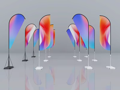 Colorful Display Flags With Gradient Patterns And Black White Stands Arranged In Modern Exhibition Space 3d model