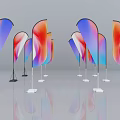 Colorful Display Flags With Gradient Patterns And Black White Stands Arranged In Modern Exhibition Space