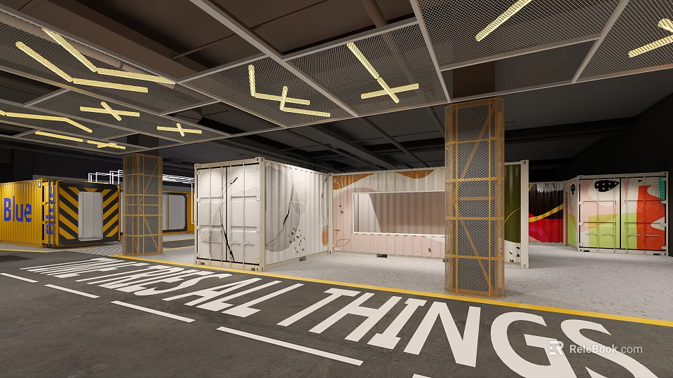 Modern Shopping Mall Hall Featuring Container Structures Ceiling Lighting And Decorative Floor Signage 3d model