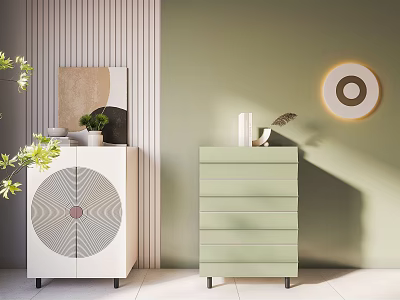 White and Light Green Chest of Drawers with Green Wall Plants Decorative Painting Round Lamp 3d model