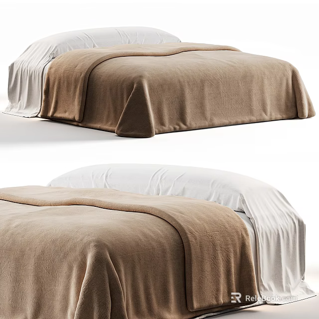 Cozy Double Bed With Soft Brown Blanket And White Bed Sheets 3d model 