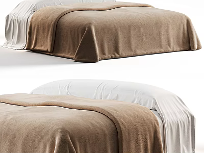 Cozy Double Bed With Soft Brown Blanket And White Bed Sheets 3d model