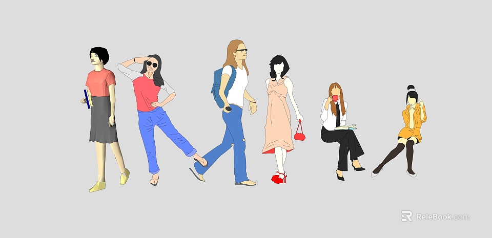 Two Women Standing and Sitting in Casual and Elegant Outfits With Different Poses 3d model 