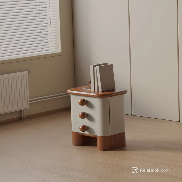 Minimalist Bedside Table With White Drawers Wooden Edges And Round Knobs 3d model