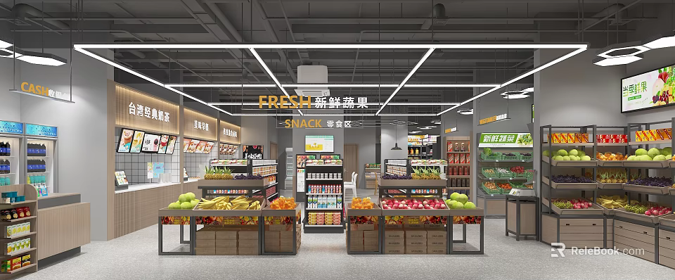 Modern Supermarket Open Layout With Fresh Fruits Vegetables Snack Sections And Product Shelves 3d model 