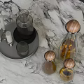 Marble Tabletop Display With Glassware Tray Candle Holders And Wooden Lid Liquid Bottles