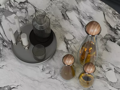 Marble Tabletop Display With Glassware Tray Candle Holders And Wooden Lid Liquid Bottles 3d model