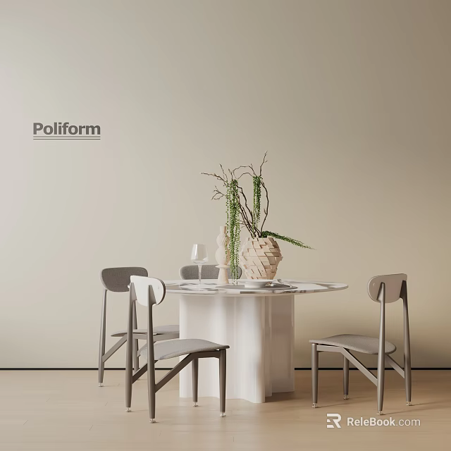 Poliform Beige Wall White Round Dining Table Set With Grey Chairs And Green Plant Vase 3d model 