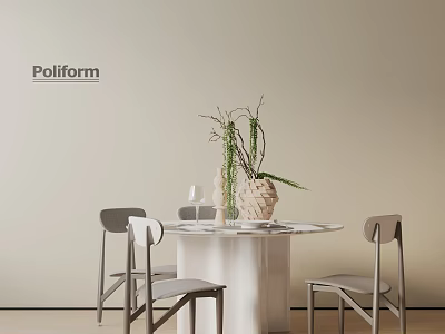Poliform Beige Wall White Round Dining Table Set With Grey Chairs And Green Plant Vase 3d model