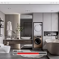 Modern Bathroom Interior Design With Freestanding Bathtub Washing Machine Vanity Mirror And Plants