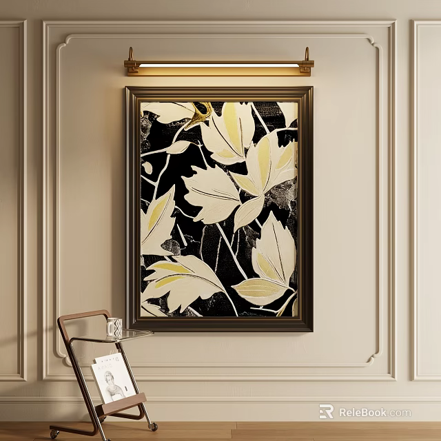 Decorative Leaf Pattern Painting In Golden Frame On Light Colored Wall With Wooden Decor 3d model 