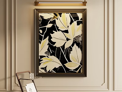 Decorative Leaf Pattern Painting In Golden Frame On Light Colored Wall With Wooden Decor 3d model