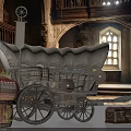 Medieval Interior With Old Carriage Wooden Barrels Chests And Arched Window