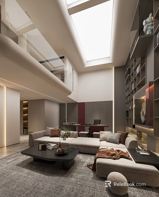 Spacious Modern Basement Interior Design With Sofa Bookshelves And Skylight 3d model