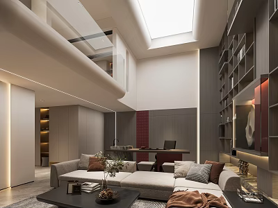 Spacious Modern Basement Interior Design With Sofa Bookshelves And Skylight 3d model