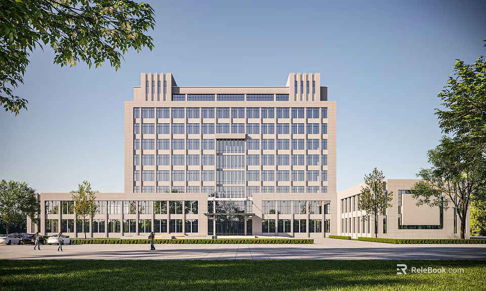Modern Multi Storey Office Building Exterior With Glass Curtain Walls Green Lawn And Trees 3d model 