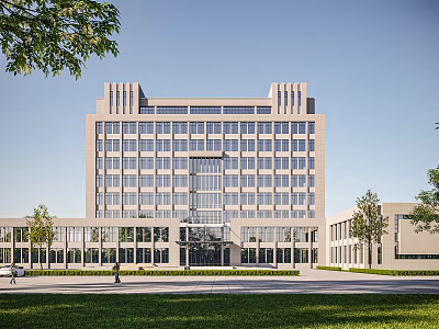 Modern Multi Storey Office Building Exterior With Glass Curtain Walls Green Lawn And Trees 3d model