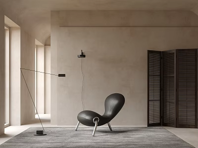 Modern Black Curved Accent Chair With Metal Legs In Minimalist Beige Room With Gray Rug 3d model