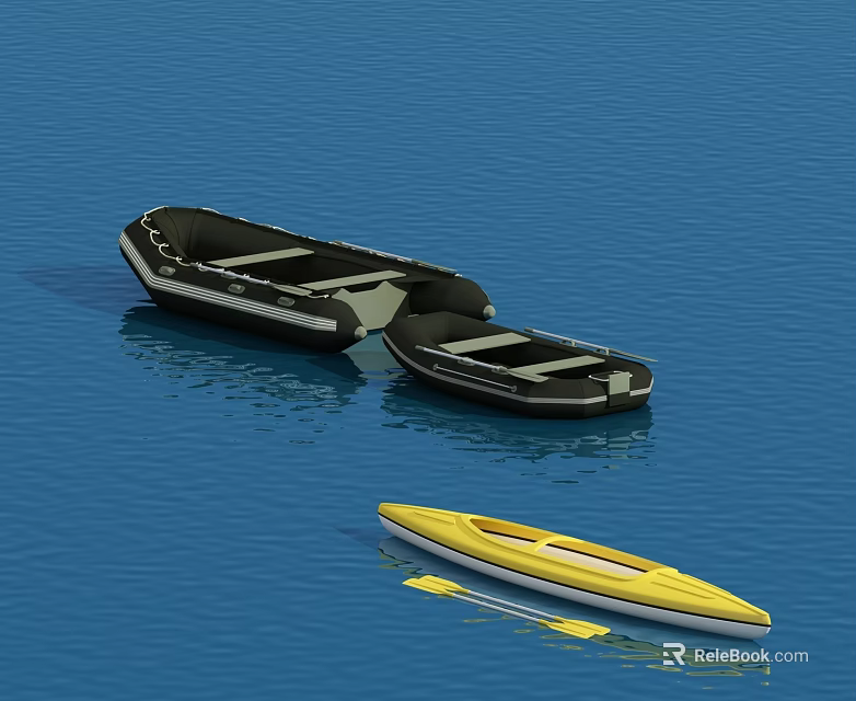 Black Inflatable Boats and Yellow Kayak Floating on Blue Water with Paddle 3d model 