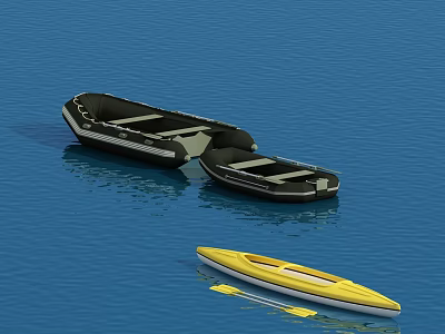 Black Inflatable Boats and Yellow Kayak Floating on Blue Water with Paddle 3d model