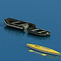 Black Inflatable Boats and Yellow Kayak Floating on Blue Water with Paddle