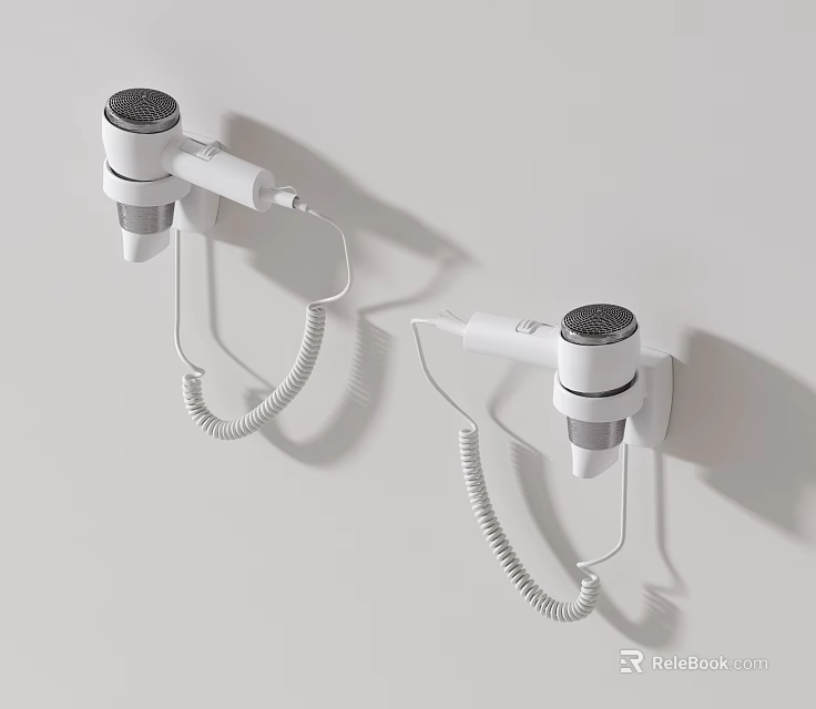 Practical Bathroom Accessories Wall Mounted White Hair Dryers With Coiled Cords Installed On Bathroom Wall 3d model 