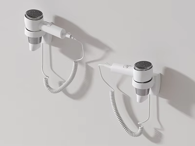 Practical Bathroom Accessories Wall Mounted White Hair Dryers With Coiled Cords Installed On Bathroom Wall 3d model