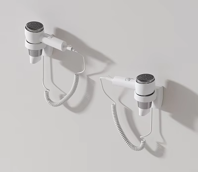 Practical Bathroom Accessories Wall Mounted White Hair Dryers With Coiled Cords Installed On Bathroom Wall 3d model