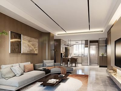 Modern Living And Dining Room Interior Design With Sofa Coffee Table Rug And Wall Art 3d model