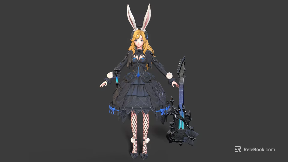 Anime Rabbit Eared Character With Golden Hair Black Dress And Blue Decorated Guitar 3d model 