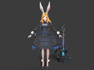 Anime Rabbit Eared Character With Golden Hair Black Dress And Blue Decorated Guitar 3d model