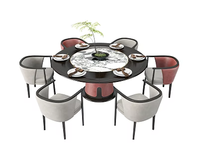 Round Dining Table Set With Six Gray And Pink Chairs Marble Tabletop Decorative Plant 3d model