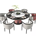 Round Dining Table Set With Six Gray And Pink Chairs Marble Tabletop Decorative Plant