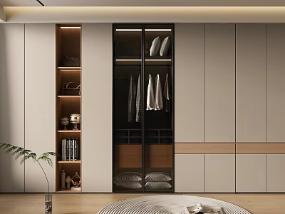 Modern Wardrobe Design With Sliding Glass Doors Built-in Shelves And Neutral Tones 3d model
