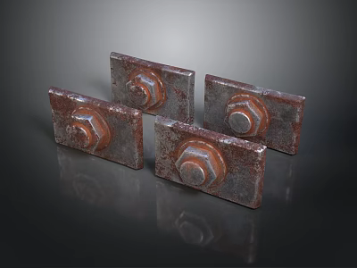 Four Rusted Industrial Metal Bolt Plates With Hexagon Head Fasteners 3d model
