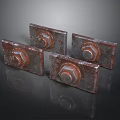Four Rusted Industrial Metal Bolt Plates With Hexagon Head Fasteners