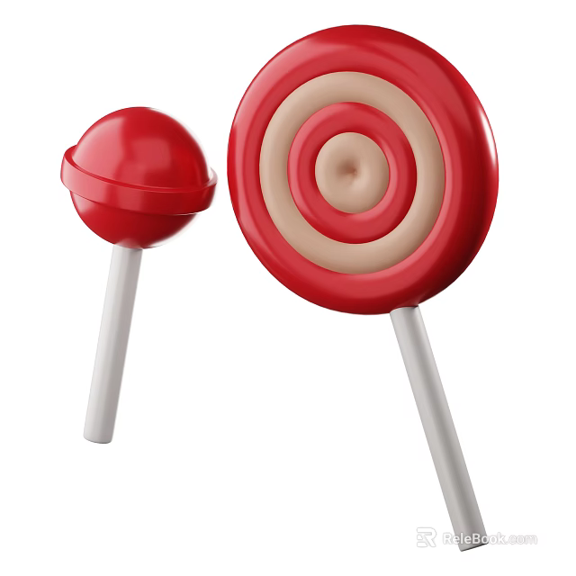 Sweet Colorful Lollipops With Red Spherical And Red White Beige Concentric Patterns 3d model