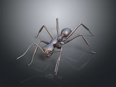 Detailed 3D Model of Metallic Ant with Shiny Exoskeleton and Long Legs on Dark Background 3d model