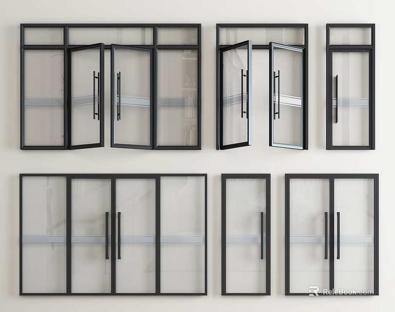 Various Modern Window And Door Designs With Black Frames And Glass Panels 3d model