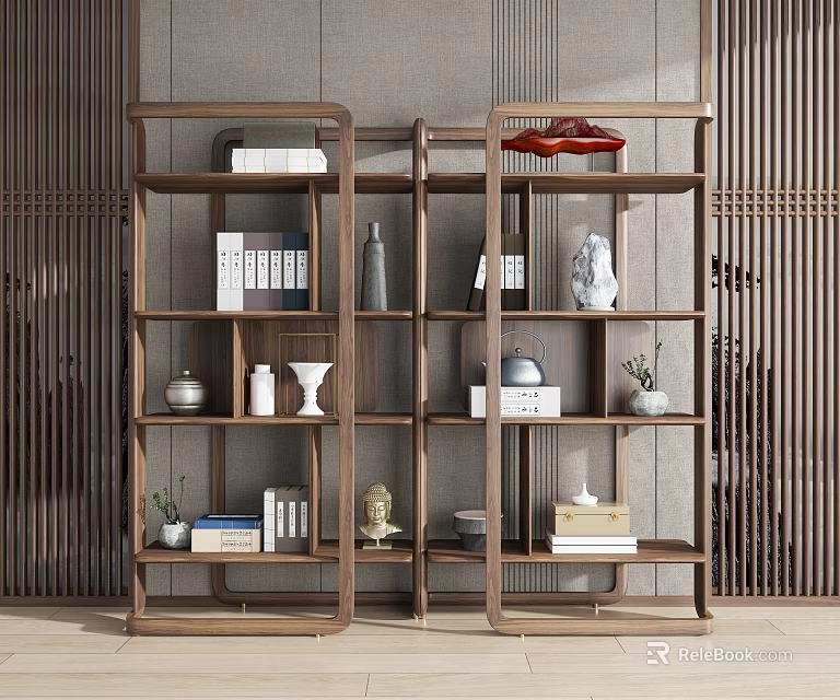 Wooden Bookshelf with Multiple Shelves Books Vases and Decorative Items in Modern Chinese Design 3d model 