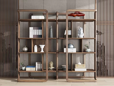 Wooden Bookshelf with Multiple Shelves Books Vases and Decorative Items in Modern Chinese Design 3d model