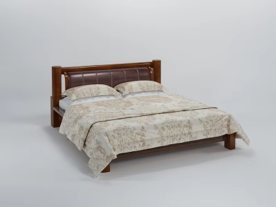 Classic Double Bed With Wooden Headboard Upholstered Design And Patterned Quilt 3d model