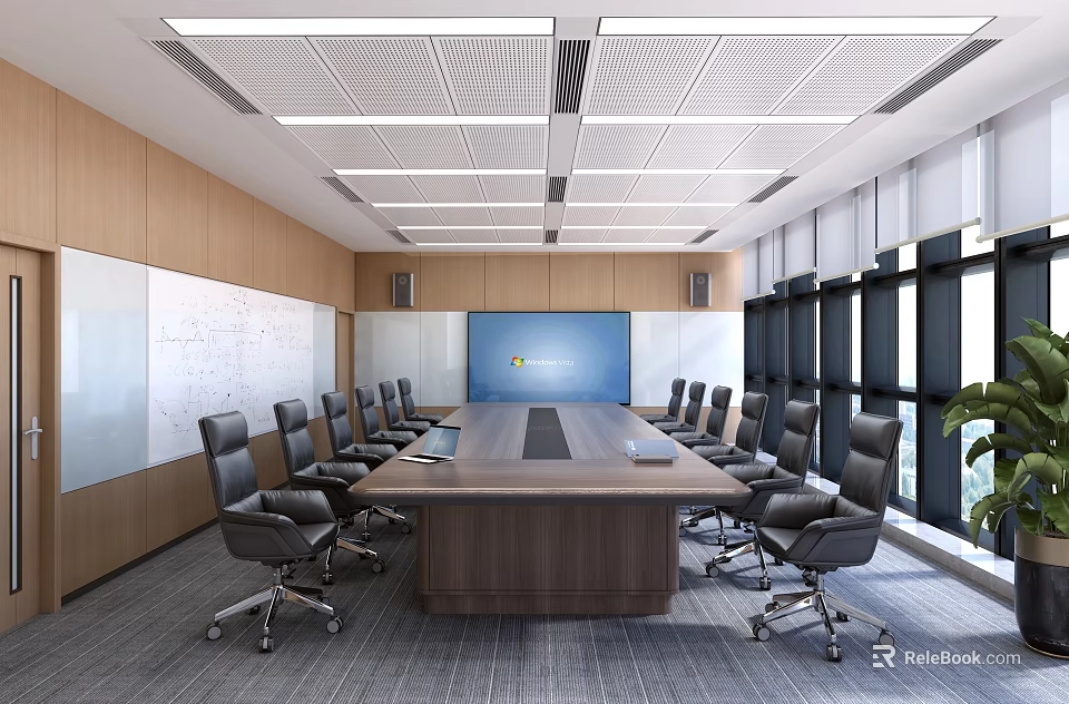 Modern Conference Room Interior With Long Wooden Table Black Leather Chairs Whiteboard And Large Windows 3d model 