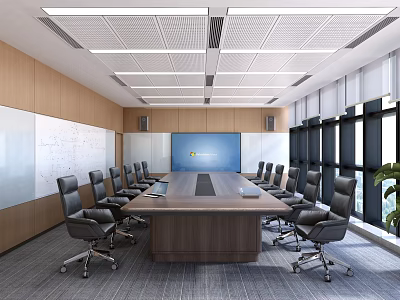 Modern Conference Room Interior With Long Wooden Table Black Leather Chairs Whiteboard And Large Windows 3d model