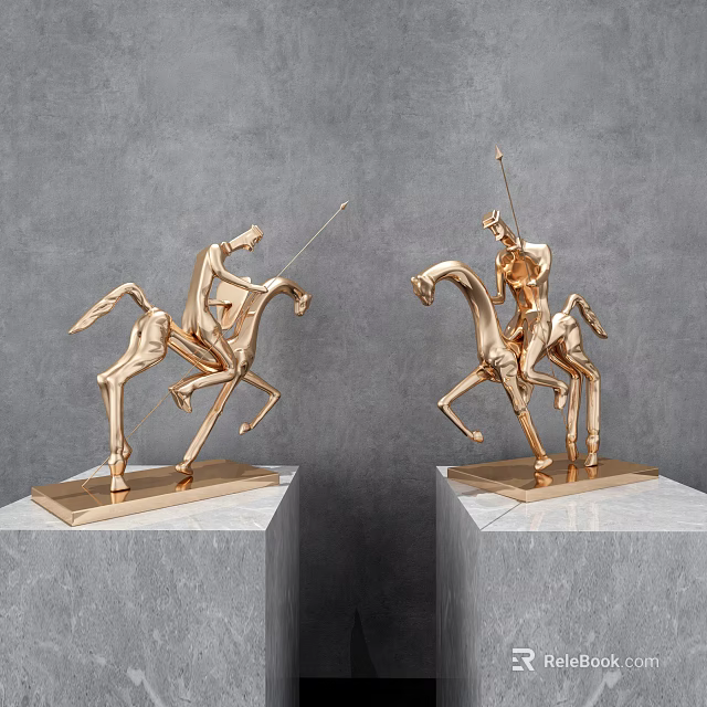 Modern Golden Horse And Rider Sculptures With Abstract Design On Marble Bases 3d model 