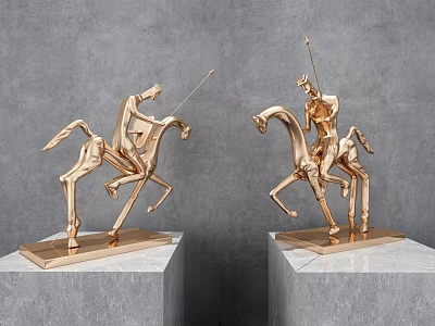 Modern Golden Horse And Rider Sculptures With Abstract Design On Marble Bases 3d model