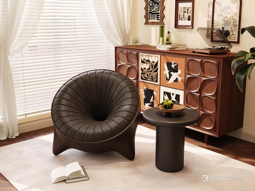 Dark Brown Leather Single Sofa With Curved Design Small Round Side Table And Green Plant 3d model 